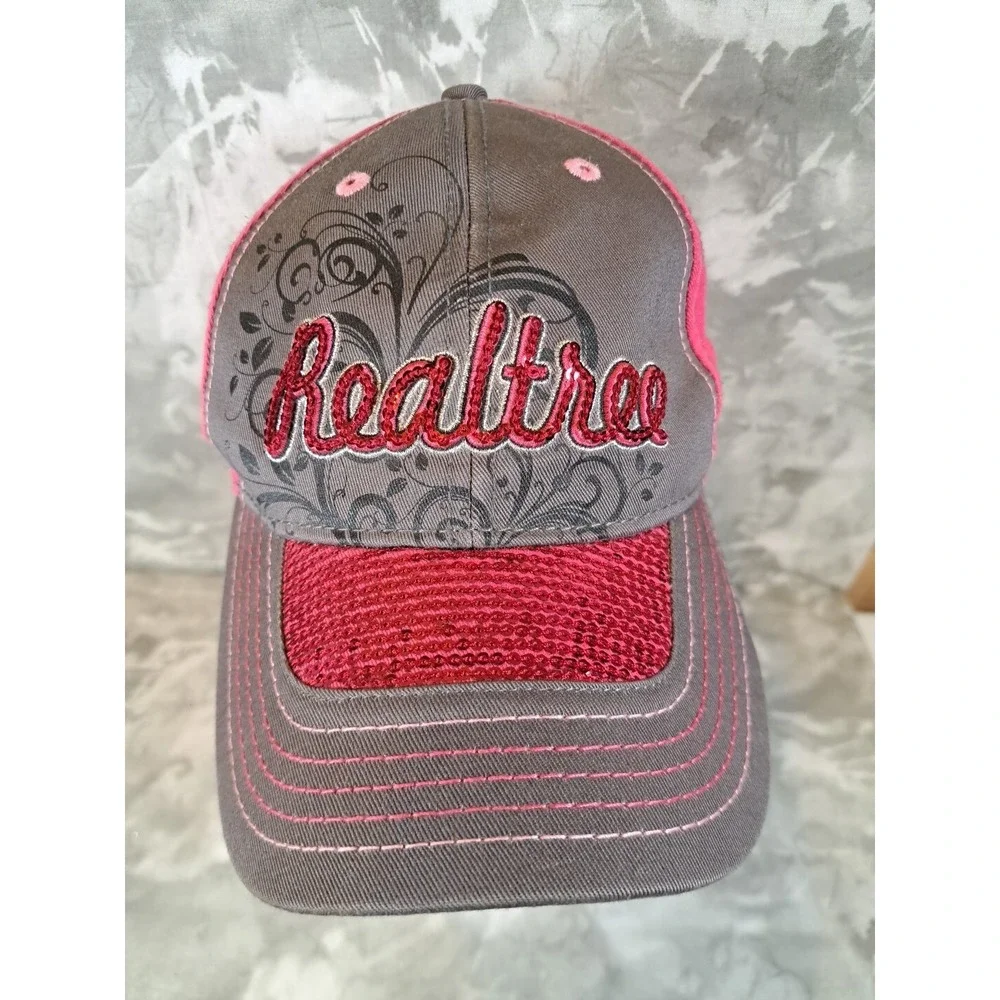 Womens Sequined Realtree Spell Out Pink Camo Hat Ball Cap